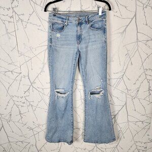 American Eagle Light Wash Ripped Knees Low Rise Flare Jeans